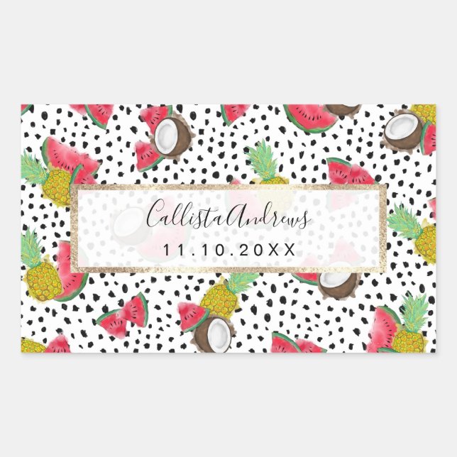 Artsy Tropical Fruit Polka Dots Watercolor Pattern Rectangular Sticker (Front)