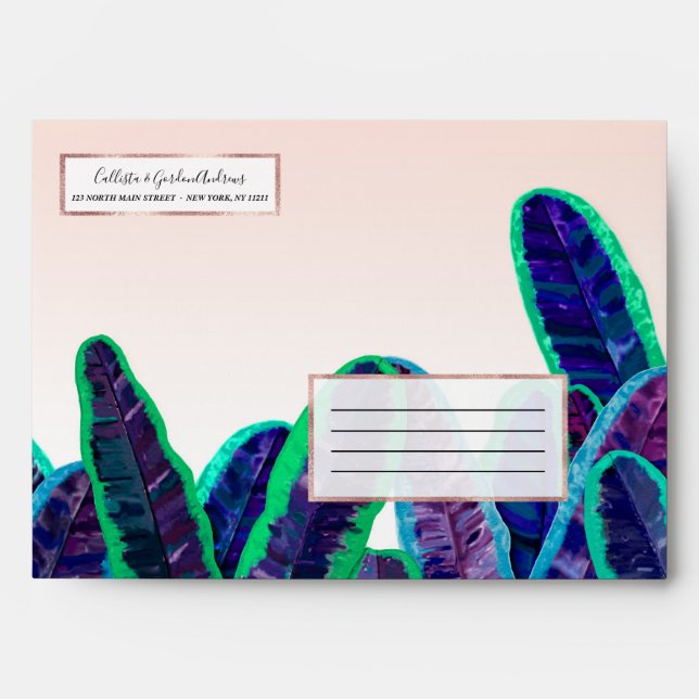 Artsy Tropical Pink Teal Purple Banana Leaves Envelope (Front)