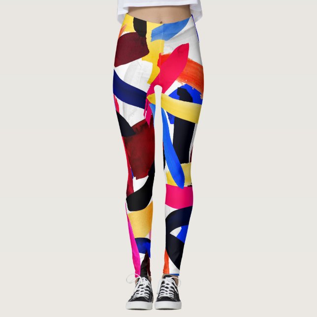Artsy Vibrant Colourful Brushstroke Explosion Art Leggings (Front)