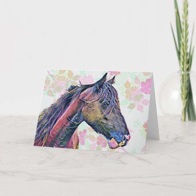 Artsy Vintage Colourful Horse Art Note Card (Front)