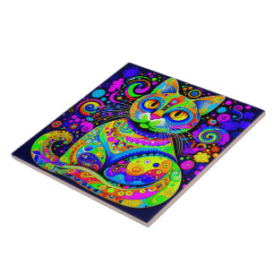Artsy Whimsical Vibrant Colourful Cat Ceramic Tile