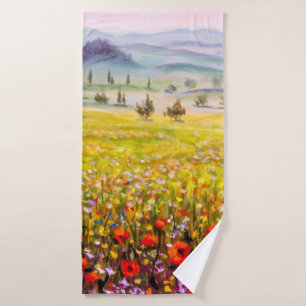 Artwork Italian tuscany cypresses landscape with m Bath Towel