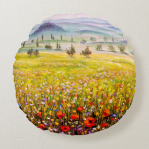 Artwork Italian tuscany cypresses landscape with m Round Cushion