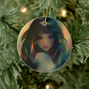 Artwork of Anime Girl Surrounded by Rainbow Light Ceramic Ornament