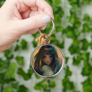 Artwork of Anime Girl Surrounded by Rainbow Light Key Ring