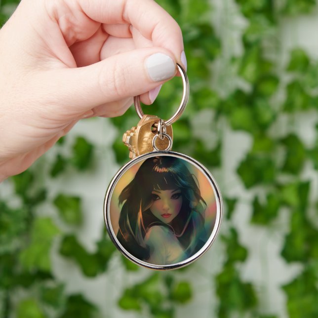 Artwork of Anime Girl Surrounded by Rainbow Light Key Ring (Hand)