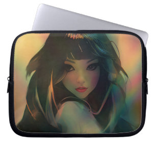 Artwork of Anime Girl Surrounded by Rainbow Light Laptop Sleeve