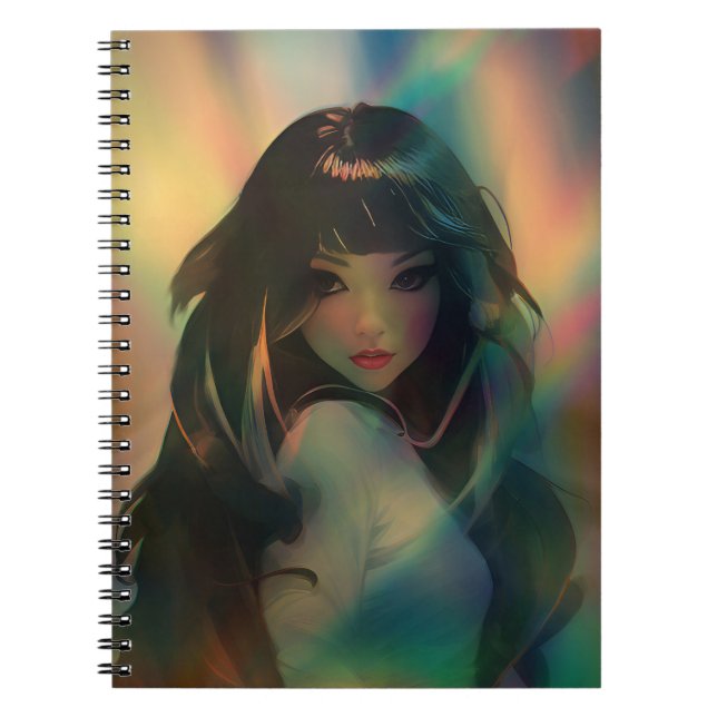 Artwork of Anime Girl Surrounded by Rainbow Light Notebook (Front)