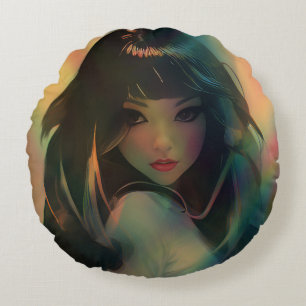 Artwork of Anime Girl Surrounded by Rainbow Light Round Cushion