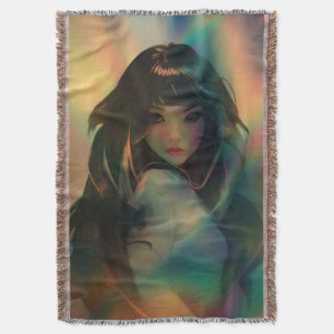 Artwork of Anime Girl Surrounded by Rainbow Light Throw Blanket