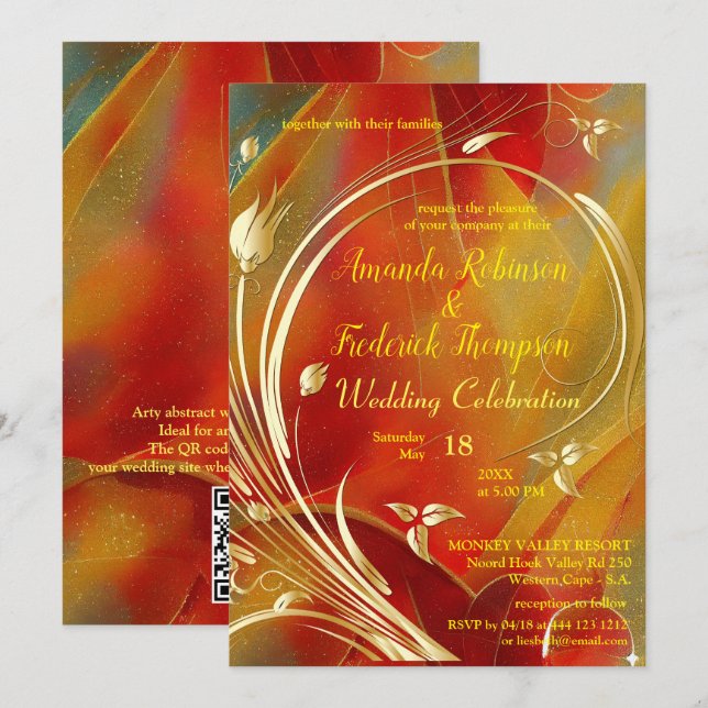 Arty abstract Gold flower Magenta 2023 colour Invi Invitation (Front/Back)