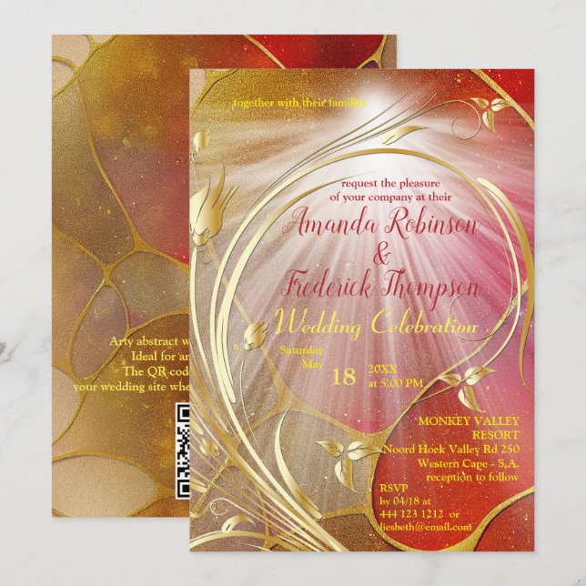 Arty abstract Gold flower Magenta 2023 colour Invi Invitation (Front/Back)