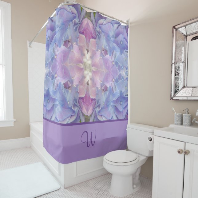 Arty Blue Purple Lavender Pink Floral Monogram Shower Curtain (In Situ)