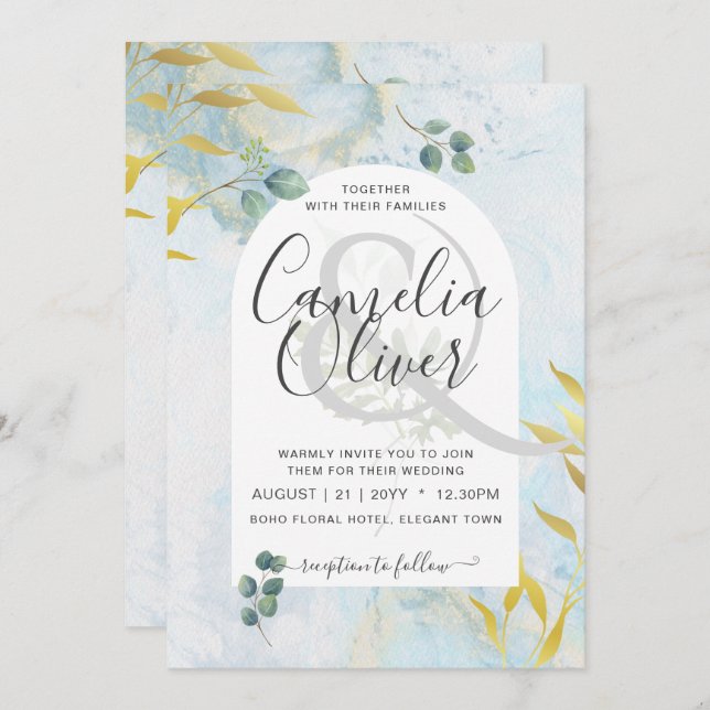 Arty Botanical Greenery Gold Wedding Invitation (Front/Back)