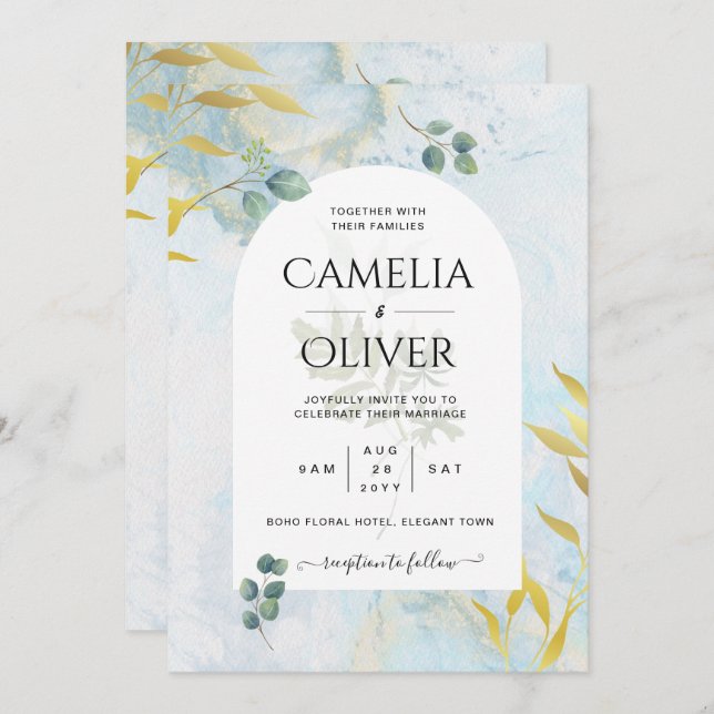 Arty Botanical Greenery Gold Wedding Invitation (Front/Back)