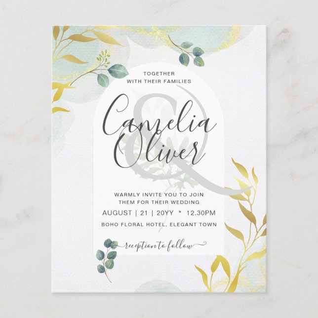 Arty Botanical Greenery Gold Wedding Invitation (Front)