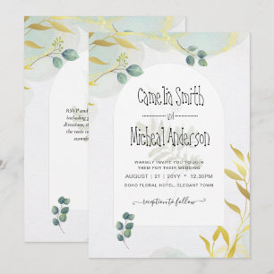 Arty Botanical Greenery Gold Wedding Invitation