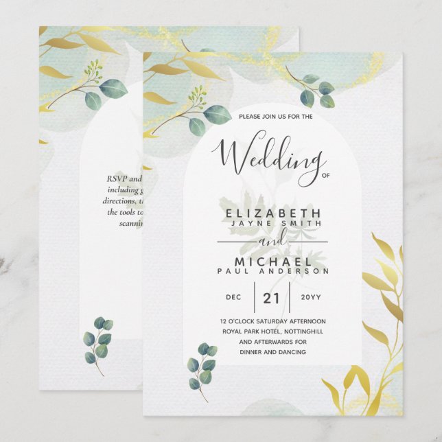 Arty Botanical Greenery Gold Wedding Invitation (Front/Back)