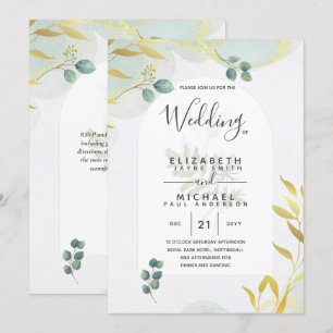 Arty Botanical Greenery Gold Wedding Invitation