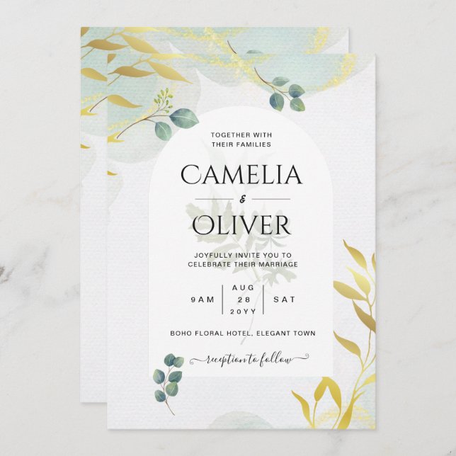 Arty Botanical Greenery Gold Wedding Invitation (Front/Back)