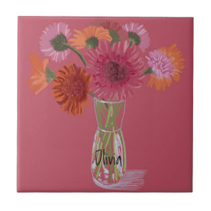 Arty Gerbera Colourful Flower  +Custom Name Ceramic Tile