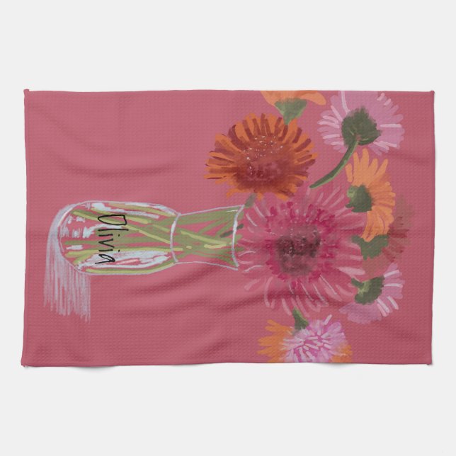Arty Gerbera Colourful Flower  +Custom Name Tea Towel (Horizontal)