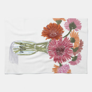 Arty Gerbera Colourful Flower +Custom Name Tea Towel