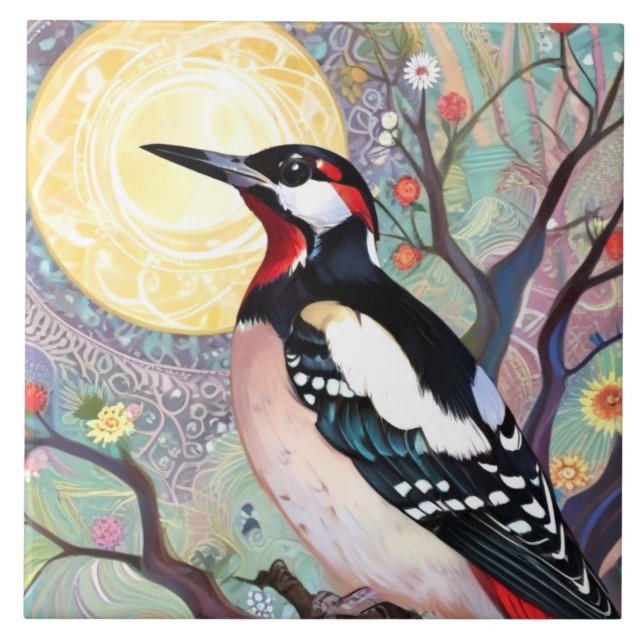 Arty Great Spotted Woodpecker Bird Painting Ceramic Tile (Front)