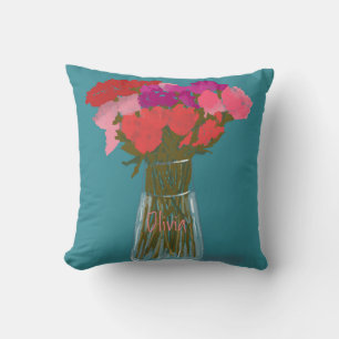 Arty Happy Colourful Flowers In Vase  +Custom Name Cushion