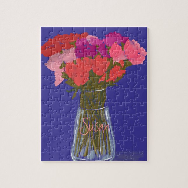 Arty Happy Colourful Flowers In Vase  +Custom Name Jigsaw Puzzle (Vertical)