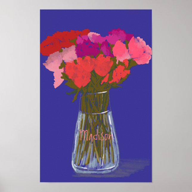 Arty Happy Colourful Flowers In Vase  +Custom Name Poster (Front)