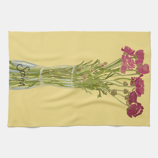 Arty Ranunculus Colourful Flower  +Custom Name Tea Towel (Horizontal)