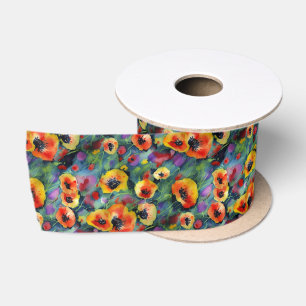 Arty Red Poppy Flower Pattern Watercolor Poppies Satin Ribbon