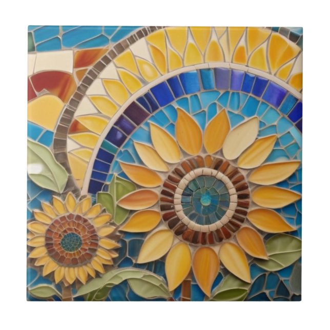 Arty Yellow Sunflower Abstract Faux Mosaic Blue Ceramic Tile (Front)