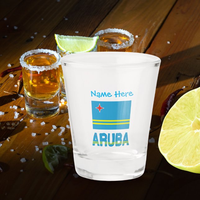 Aruba and Aruban Flag Blue Personalisation  Shot Glass (Shot glass with the Aruban flag and the word ARUBA below in the flag colors. Add a name above.)