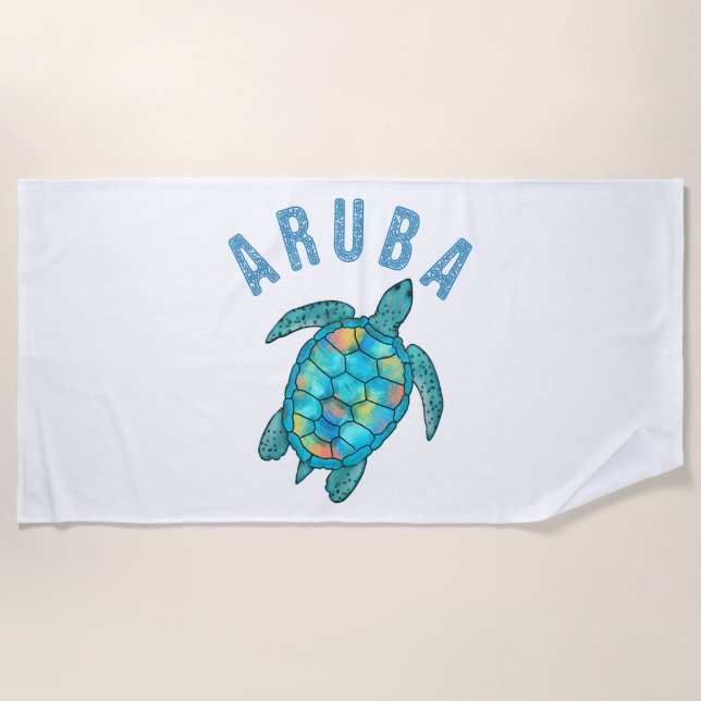 Aruba Beach Sea Turtle Illustration Beach Towel (Front)