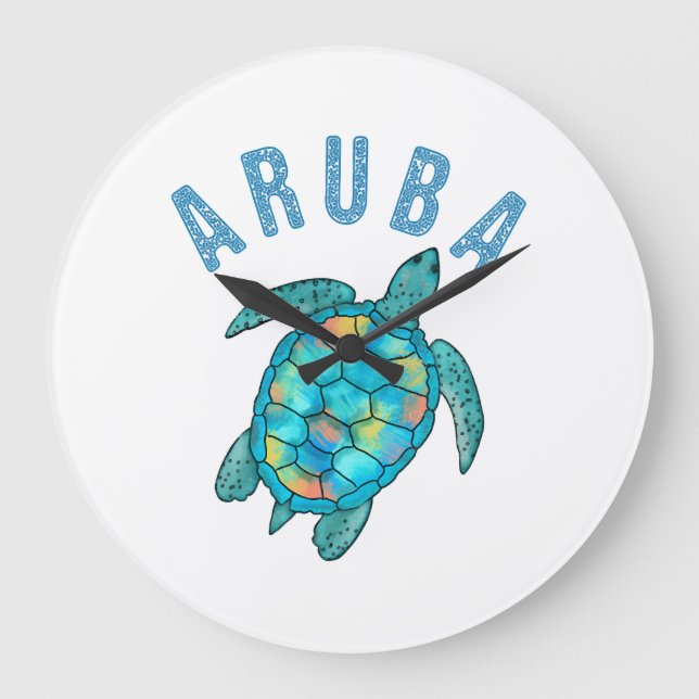 Aruba Beach Sea Turtle Illustration Large Clock (Front)