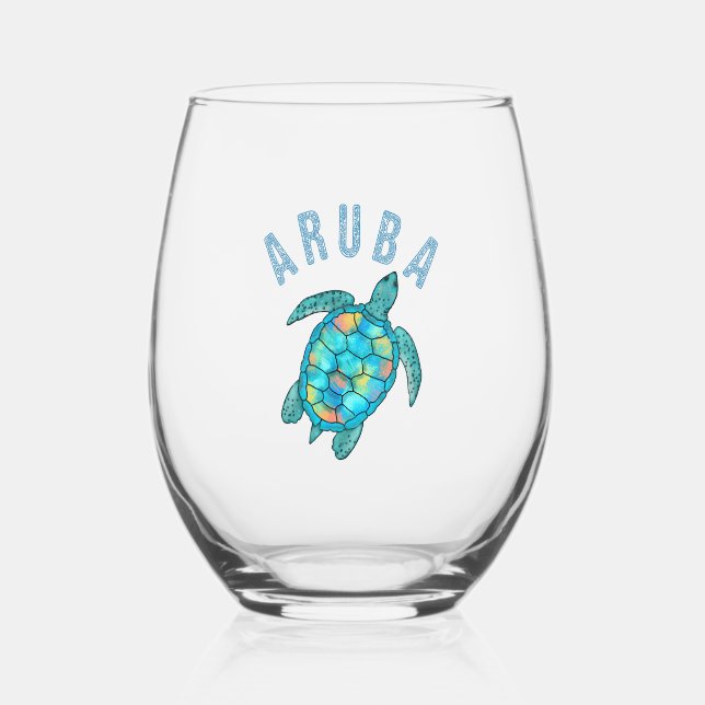 Aruba Beach Sea Turtle Illustration Stemless Wine Glass (Front)
