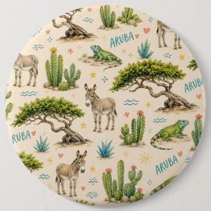 Aruba divi tree, donkey, iguana, cactus 6 cm round badge