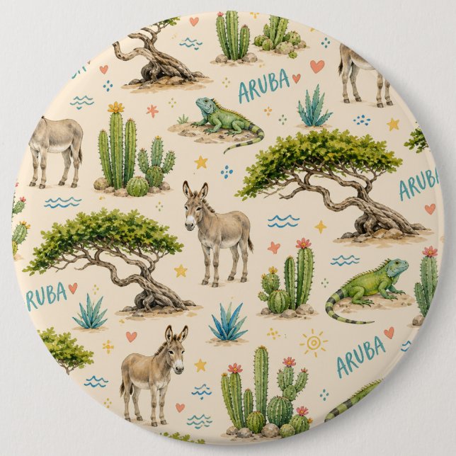 Aruba divi tree, donkey, iguana, cactus 6 cm round badge (Front)