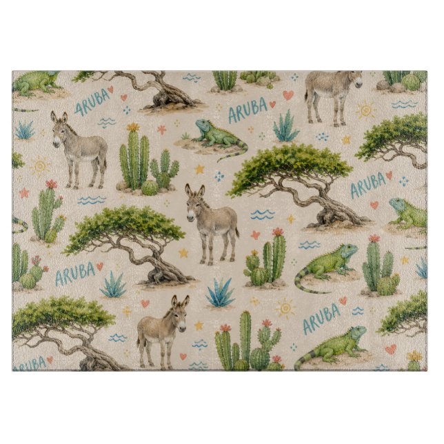 Aruba divi tree, donkey, iguana, cactus cutting board (Front)
