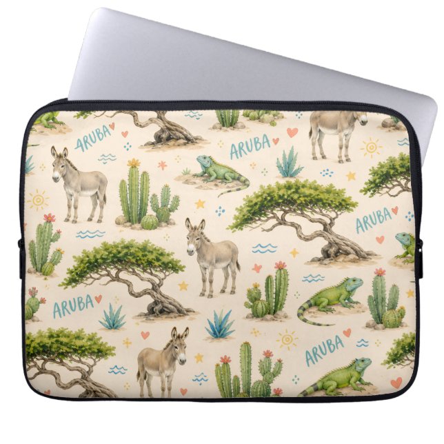 Aruba divi tree, donkey, iguana, cactus laptop sleeve (Front)