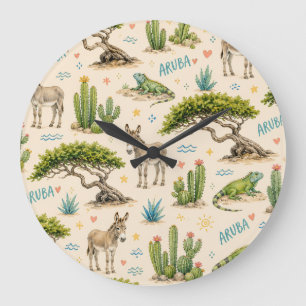 Aruba divi tree, donkey, iguana, cactus large clock
