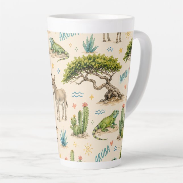 Aruba divi tree, donkey, iguana, cactus latte mug (Right Angle)