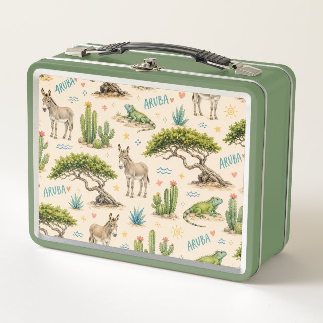 Aruba divi tree, donkey, iguana, cactus metal lunch box (Front)