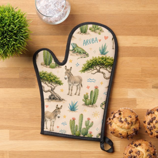 Aruba divi tree, donkey, iguana, cactus oven mitt (Top down)