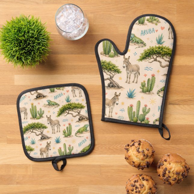 Aruba divi tree, donkey, iguana, cactus oven mitt & pot holder set (Top Down)