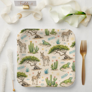 Aruba divi tree, donkey, iguana, cactus paper plate