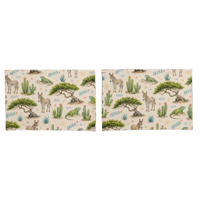 Aruba divi tree, donkey, iguana, cactus pillowcase (Front-Set)