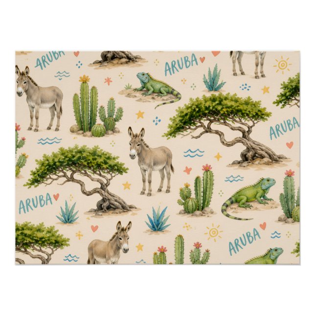 Aruba divi tree, donkey, iguana, cactus poster (Front)